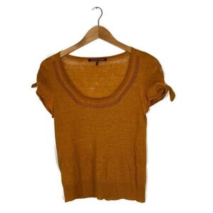 Comptoir des Cotonniers Sz XS Knit Top 100% Linen Tie Sleeve Orange/Mustard